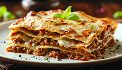 delicious plate of hot multi-layered meat lasagna dripping with cheese.