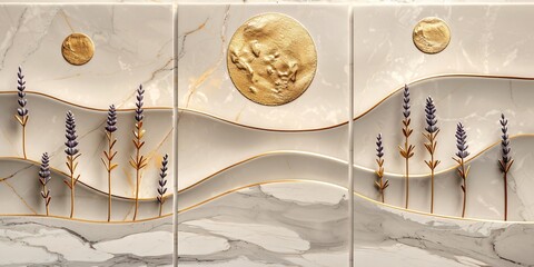 Three panel wall art featuring golden sunbursts with lavender sprigs on a creamy marble background - obrazy, fototapety, plakaty