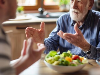 A photo of an elderly man discussing his dietary needs with a dietitian, green nutrition suggests a meal plan