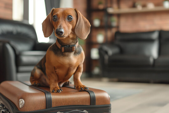 Photo of a brown dachshund sitting on travel suitcases in a modern apartment, vacation and travel concept