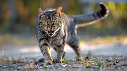 A cat arching its back, hissing and ready to strike