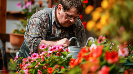 A male gardener carefully waters bright flowers in a sun-drenched greenhouse. Expression of flowers and plants, care and gardening, hobbies, small business