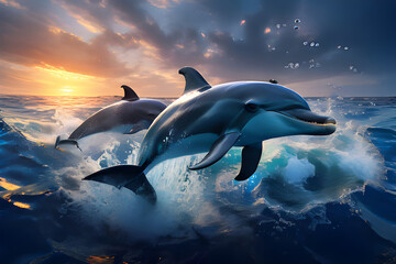 Dolphins playing in the waves at sunset, watercolor style. World Dolphin Day