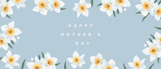 Happy Mother's Day. Minimalism.  Vector modern cute minimalistic floral illustrations of narcissus flower, daffodil, blue pattern for greeting card, background, invitation or banner