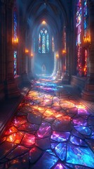A Gothic cathedral with towering spires and stained glass windows, casting colorful light on the stone floor