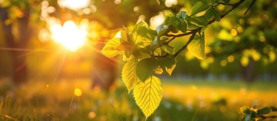 Obraz premium Beautiful spring landscape with the sun shining on the vibrant green leaves.