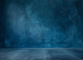 Empty dark blue wall and dark tiled floor. advertising for designer, minimalism. - obrazy, fototapety, plakaty