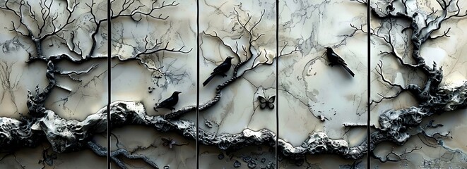 Three panel wall art with marble and an array of feathers butterflies and small birds silhouetted against the stone