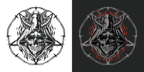 Skull Grim Reaper with horn logo dark art style illustration for t-shirt design