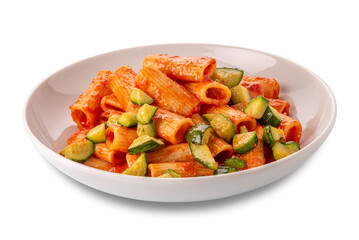 Rigatoni macaroni pasta with tomato sauce and zucchini in a white plate isolated 