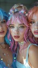 A group of friends with rainbowcolored hair and accessories posing together