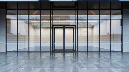 Large glass walls and doors of the store. A storefront, the exterior of an office or retail storefront, and the facade of a store. The empty front of the boutique, the exterior.