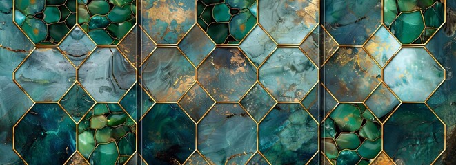 Three panels wall art golden geometrical patterns with jade stones on a marble background - obrazy, fototapety, plakaty