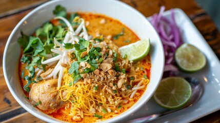 A tantalizing bowl of Khao Soi, a northern Thai noodle soup with tender chicken, egg noodles, and a rich coconut curry broth.