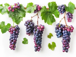 Set of vibrant grape clusters, hanging from lush vines