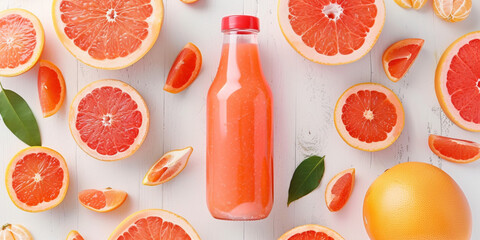 Advertisement of delicious beverage drink with organic ingredient concept. Homemade grapefruit juice and fresh ingredients on white studio background. Empty space place for text, copy paste 