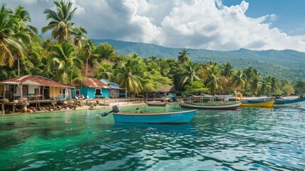 Fototapeta premium A traditional fishing village nestled among palm trees, with colorful boats moored in the azure waters.