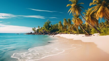 Panoramic view of beautiful tropical beach with palm trees and sand