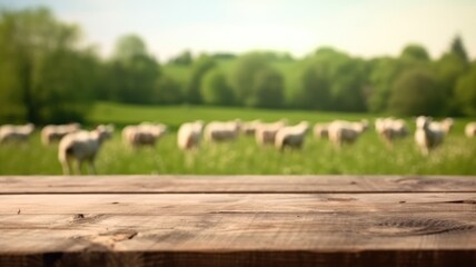 The empty wooden brown table top with blur background of sheep pasture. Exuberant image. generative AI