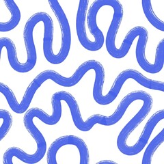 Hand drawn seamless wavy pattern. Blue waves on white background. Marine texture. Curved lines drawn with a dry brush