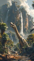 Fototapeta premium A roaring dinosaur valley with lush vegetation and towering waterfalls, prehistoric creatures roaming freely