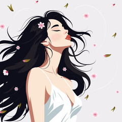 Vector illustration of a young sexy woman with long black hair breathing in fresh spring air.
