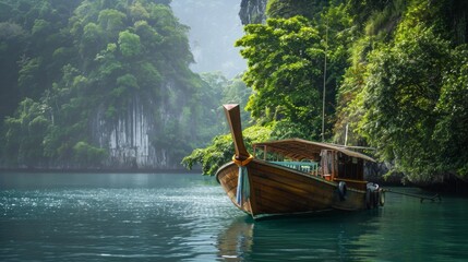 A traditional wooden fishing boat anchored in a serene bay, surrounded by lush greenery.
