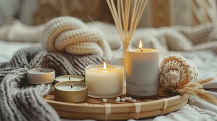 Obraz na płótnie Canvas Burning candles, aroma fragrance natural organic diffuser, wooden bamboo tray. Concept of cozy home space for meditation, relaxation, detention. Spiritual aura cleansing routine for full moon ritual