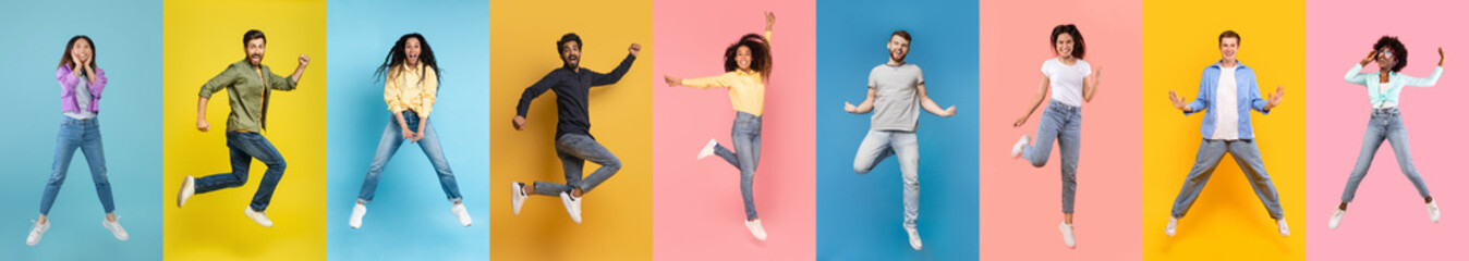 Diverse Group of People Jumping With Joy Against Colorful Backgrounds