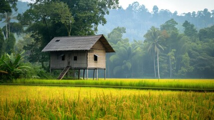 Obraz premium A traditional wooden hut nestled amidst golden rice paddies, embodying rural tranquility.