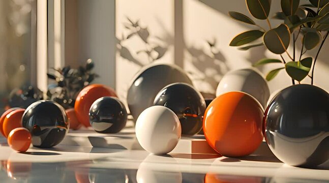 Modern Decorative Spheres in Home Interior, Assorted orange and black glossy spheres creating a striking contrast in a modern home environment with playful shadows