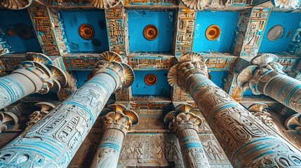 Beautiful Egyptian temple, columns with reliefs and hieroglyphs  inspired by ancient architecture as in Abydos.