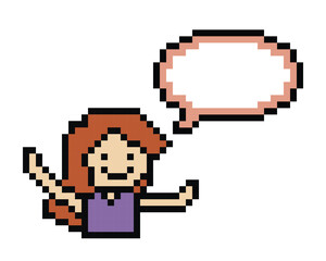 Vector Cute pixel cartoon 8bit character woman with chat blank vector decoration 8 bit female girl say speak discuss idea chat box cartoon pixel game.