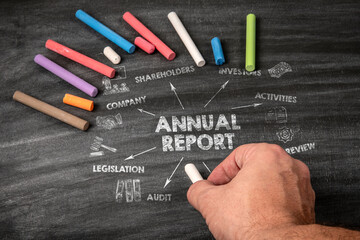 ANNUAL REPORT. Black scratched textured chalkboard background - 790980372