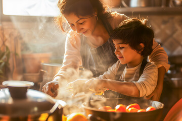 Mère et enfant en train de cuisiner