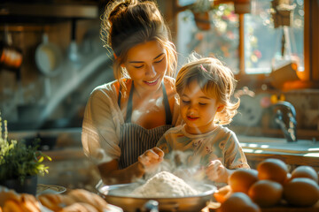 Mère et enfant en train de cuisiner