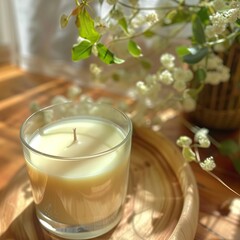 A close-up image of a lit candle in a glass jar with a wooden lid. The candle is placed on a wooden table and there are some white flowers and green leaves in the background.