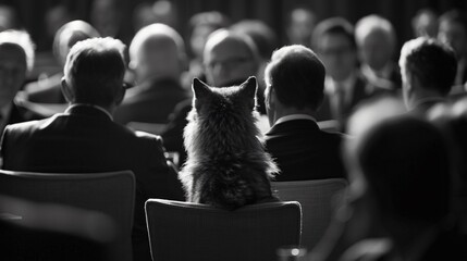 Wolf blending in at a corporate meeting symbolizing stealth and influence within a corporate environment - obrazy, fototapety, plakaty
