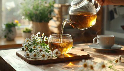 Female hand pouring natural chamomile tea from teapot into cup on table in kitchen