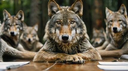 Naklejka na ściany i meble Wolf CEO leading a corporate meeting an imaginative take on leadership and animal instinct in the business world