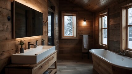 A Wooden Bathroom Cabin In Forest, Cinematic Light