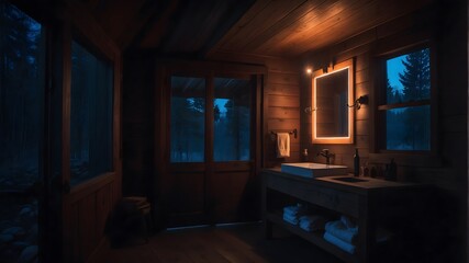 A Wooden Bathroom Cabin In Forest, Cinematic Light