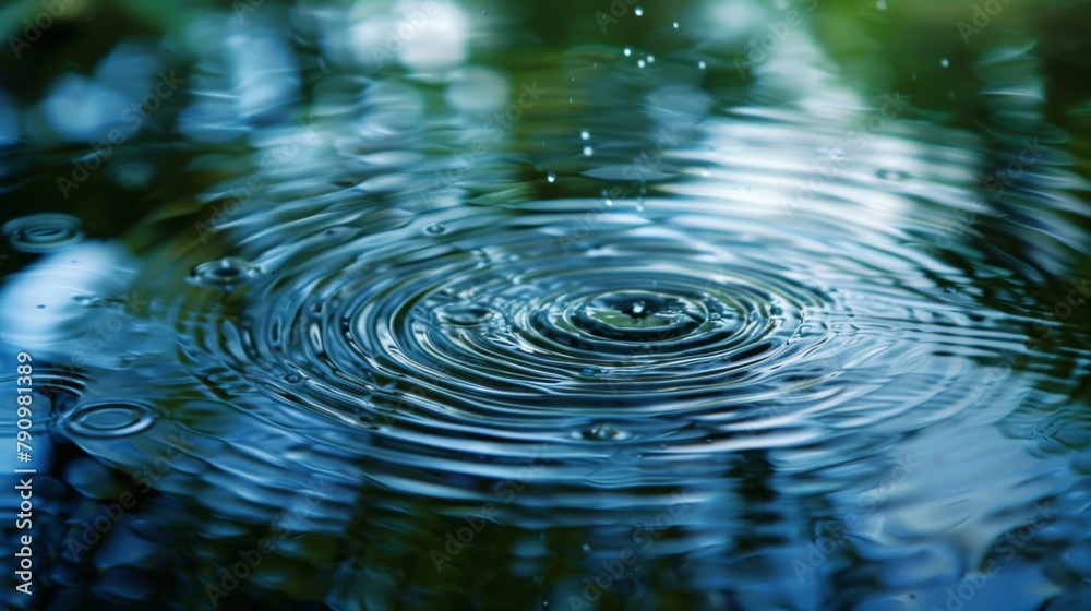 Poster A tranquil scene of raindrops falling gently onto a still pond, creating concentric ripples that expand across the surface of the water.