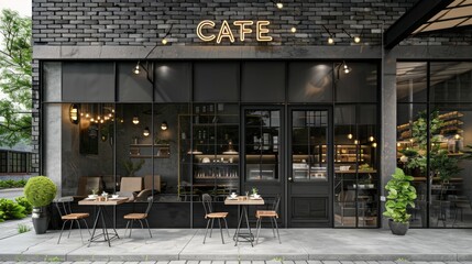 A cafe with a black exterior and a neon sign that says Cafe