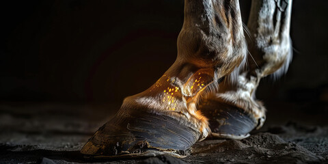 Equine Navicular Disease: The Heel Pain and Lameness - Picture a horse with highlighted hoof showing bone degeneration, experiencing heel pain and lameness, - obrazy, fototapety, plakaty