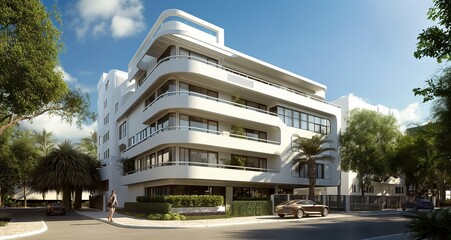Art Deco apartment building with streamlined design and decorative motifs