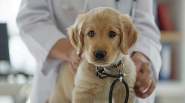 A veterinarian conducting a wellness exam on a puppy, promoting preventive care and early detection of health issues.