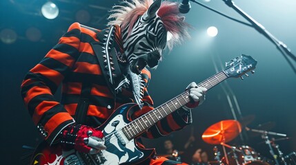 Zebra in punk rock attire electrified mane matching its striped suit playing an electric guitar - obrazy, fototapety, plakaty