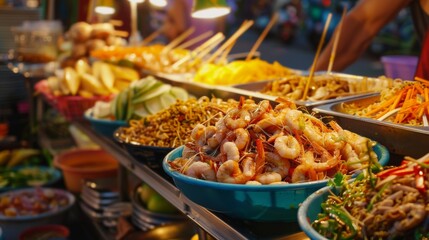 Obraz premium A vibrant spread of Thai street food delicacies, from pad Thai to mango sticky rice, showcasing the rich flavors of Thai cuisine.