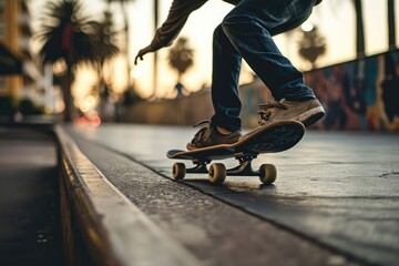 Gritty skateboarder doing tricks in an urban setting,Skateboarding and successfully doing tricks and jumps,  AI generated